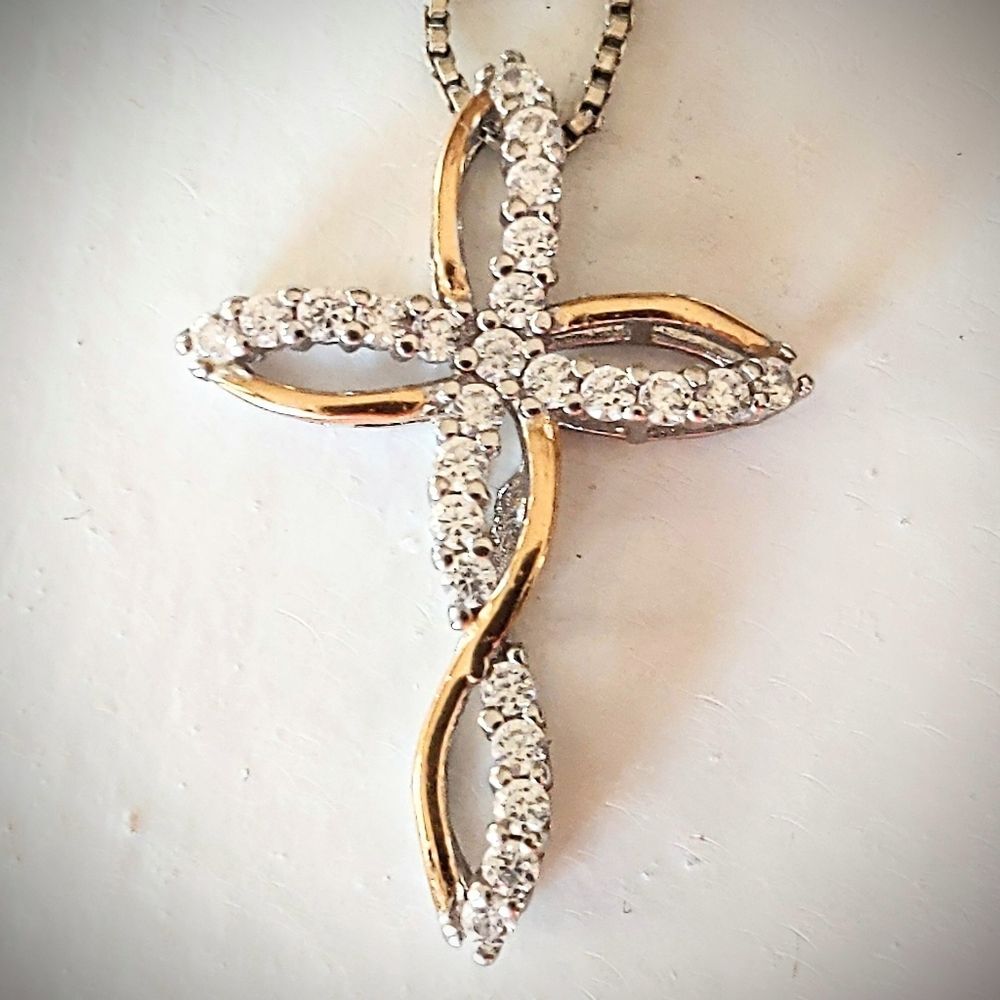 Vintage Sterling Silver & 18kt Plated Primrose Twisted Cross Pendant Necklace
